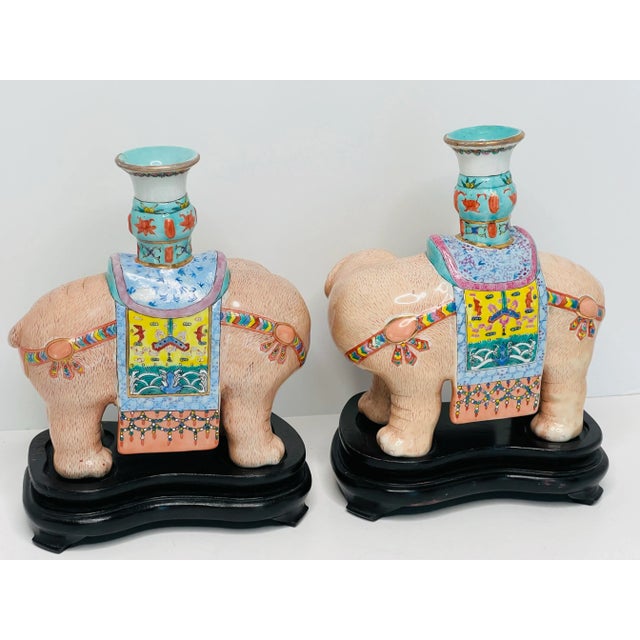 Mottahedeh Famille Rose Enameled Elephant Candle Holders on Plinth a Pair For Sale - Image 4 of 12