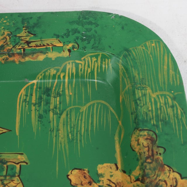 Vintage Hand Painted Chinoiserie Tole Tray Emerald Green and Gold Lacquer Rectangular Serving Tray For Sale - Image 12 of 16