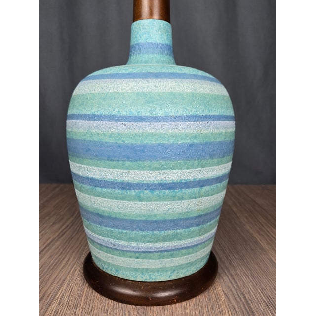 Mid-Century Modern Mid 20th Century Danish Modern Blue Turquoise Striped Pottery Table Lamp For Sale - Image 3 of 14