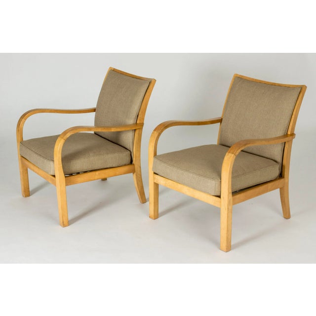 Set of Birch and Linen Lounge Chairs by Axel Larsson for Bodafors, Sweden, 1930s For Sale - Image 12 of 12