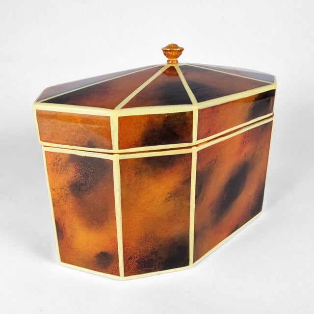 Wood Vintage Maitland Smith Decagon Georgian Style Faux Tortoise Shell Decorative Box Caddy For Sale - Image 7 of 10