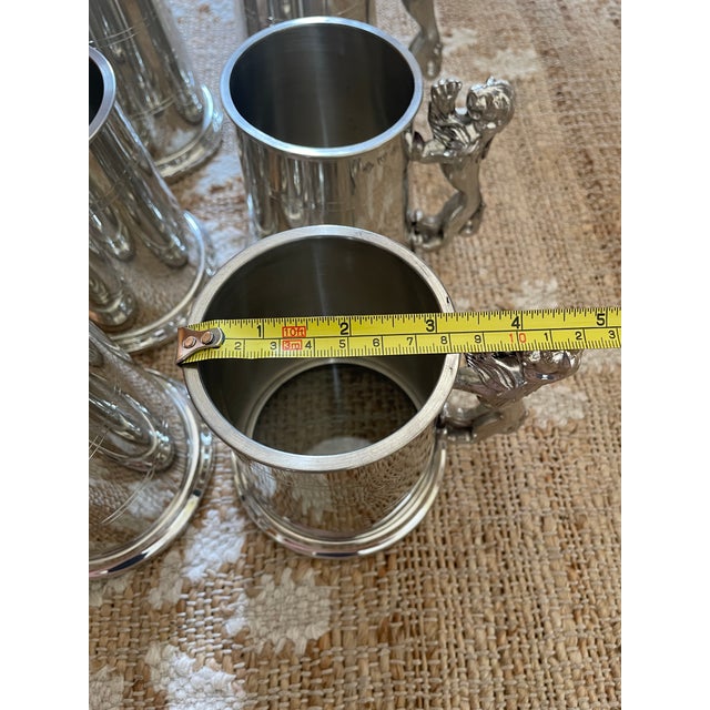 1990s Lion Handle One Pint Pewter Tankard Mugs Handmade in Sheffield England - Set of 6 For Sale - Image 4 of 12
