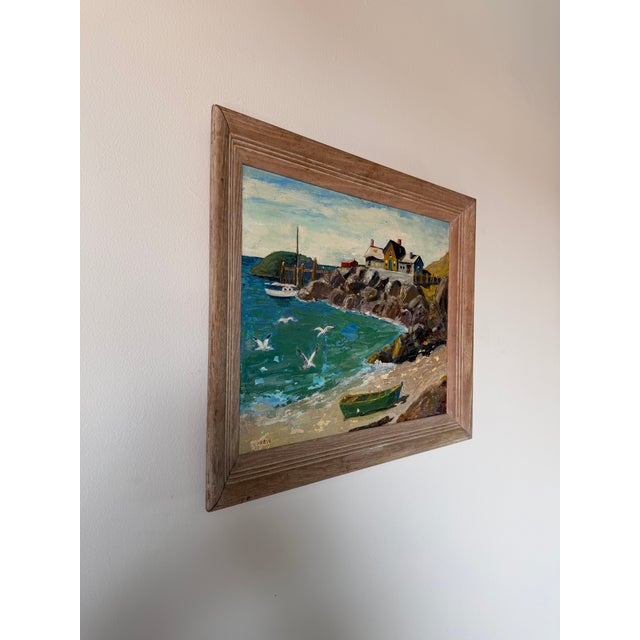 Beautiful vintage Impressionist coastal harbor oil painting featuring colorful seaside cottages, sailboats, seabirds, and...