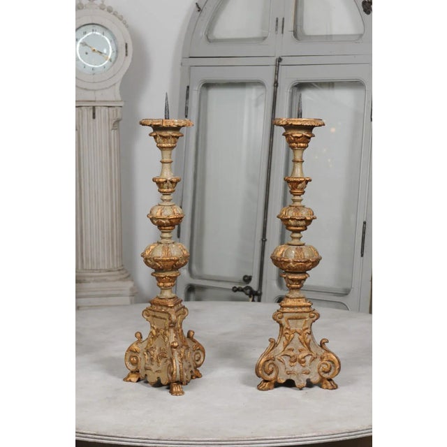 Early 19th Century French Rococo Style Carved and Painted Candlesticks - A Pair For Sale - Image 9 of 12