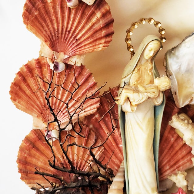 Incredibly intricate, kitschy italian mid-century shell-decorated devotional light sculpture, fully functioning, from the...