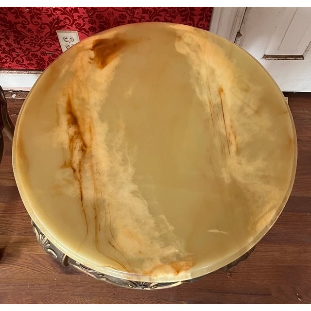 Goldenrod Vintage Hollywood Regency Round Onyx-Top Side Tables (2) | Gilt Carved Base | Mid-Century For Sale - Image 8 of 10