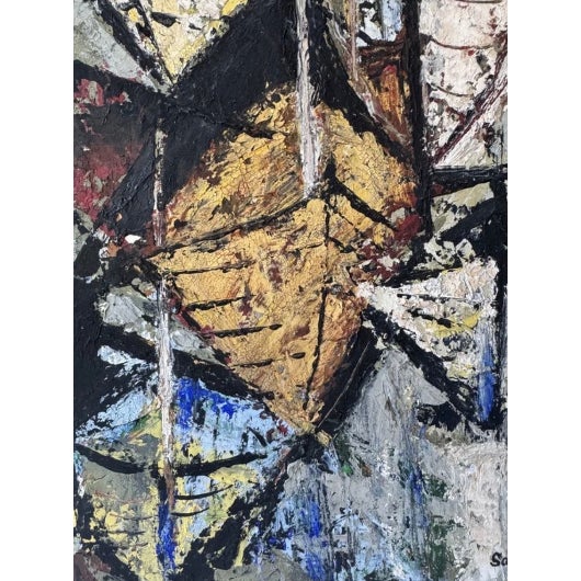 MCM Signed Geometric Abstract Small Oil Painting on Board For Sale In West Palm - Image 6 of 6