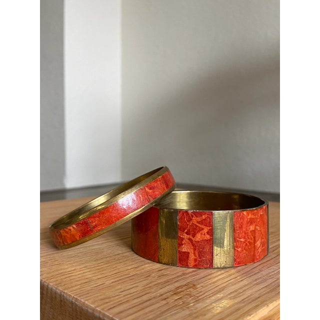 Coral + Brass Bracelet Bangles, a Pair For Sale - Image 9 of 10