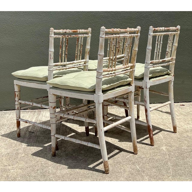Vintage Distressed Wood Faux Bamboo Spindle Back Chairs - Set of 4 For Sale - Image 17 of 18