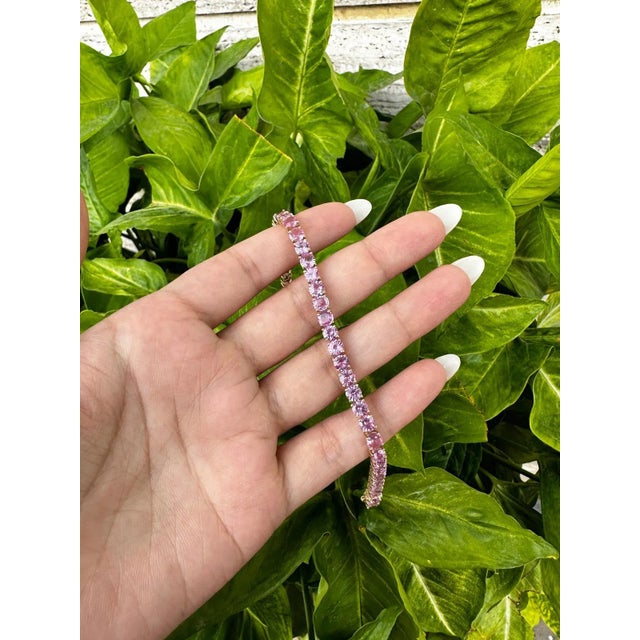 Art Deco Brilliant 14.83 CTW Pink Sapphire Tennis Bracelet in 14k Yellow Gold For Sale - Image 3 of 11