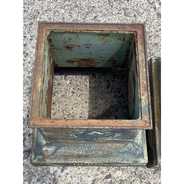 Vintage Neoclassical Style Green Cast Iron Garden Planter Urn Pedestal Base Pair For Sale - Image 11 of 13