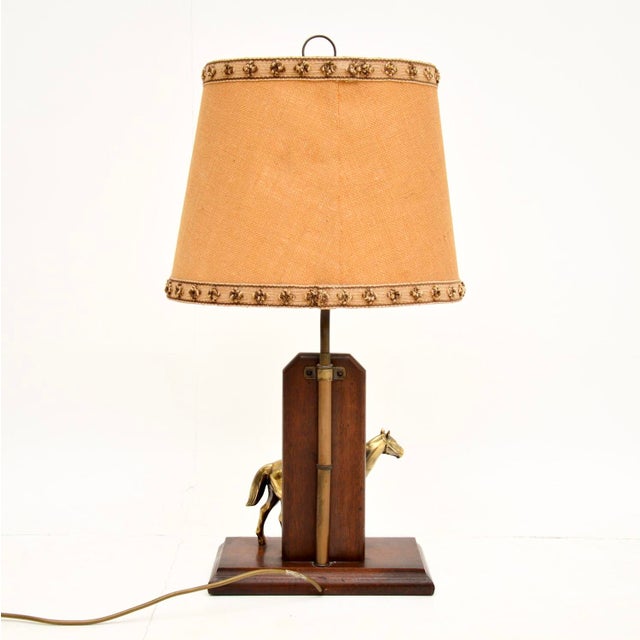 Antique Brass and Oak Equestrian Table Lamp, 1920 For Sale - Image 4 of 10