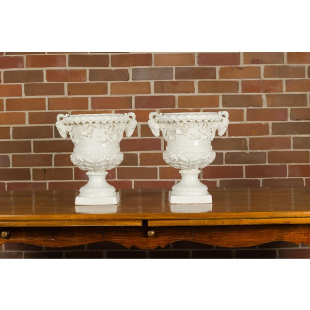 White Pair of Blanc de Chine Midcentury Urns with Rams Heads and Ivy Leaves For Sale - Image 8 of 12