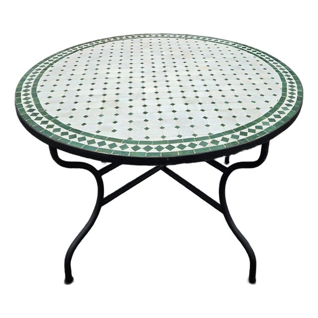 48" Handcrafted White and Green Moroccan Mosaic Table For Sale