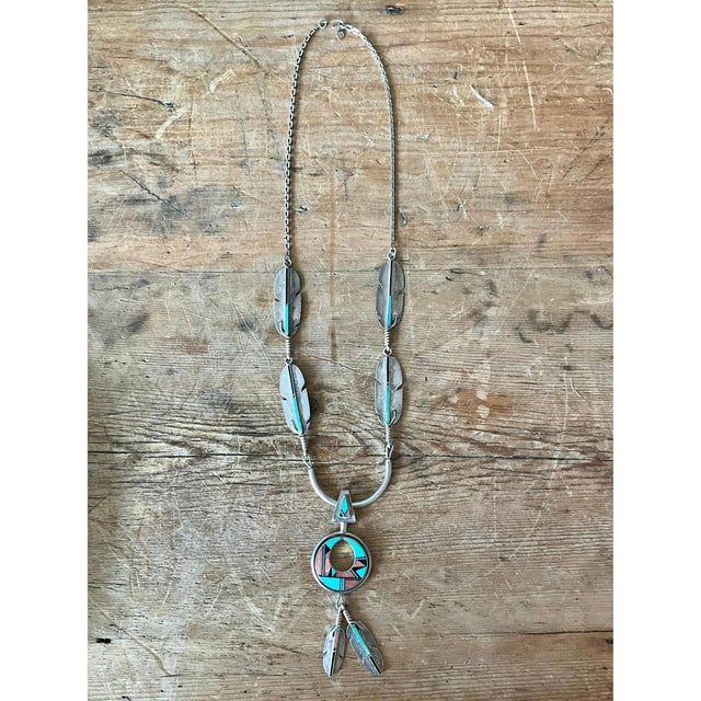 Vintage Turquoise Native American 925 Silver Pendant Necklace For Sale - Image 4 of 11