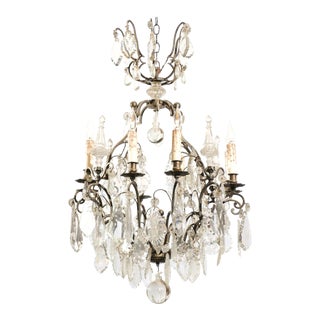 French 1890s Eight-Light Crystal Chandelier with Bronze Armature and Obelisks For Sale