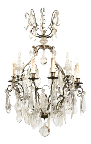 French 1890s Eight-Light Crystal Chandelier with Bronze Armature and Obelisks