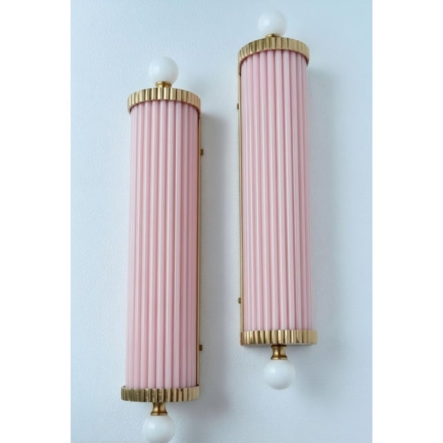 Vintage Art Deco Light Old Lamp Wall Sconces Fixture Brass & Pink Glass Rod Ship Light - Pair For Sale - Image 4 of 5