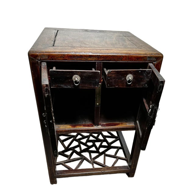 Late 19th Century Antique Chinese Wood Cabinet With Decorative Fretwork Cracked Ice on Base For Sale - Image 5 of 12