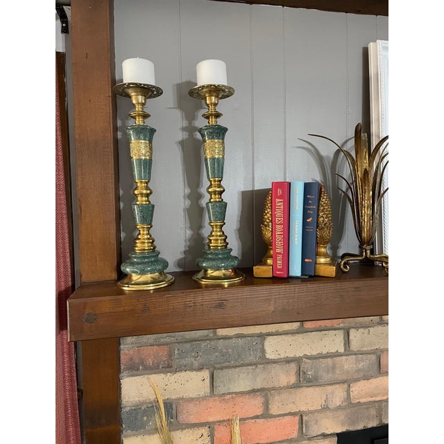 1950s Large Brass and Marble Candle Holders - A Pair For Sale - Image 17 of 17