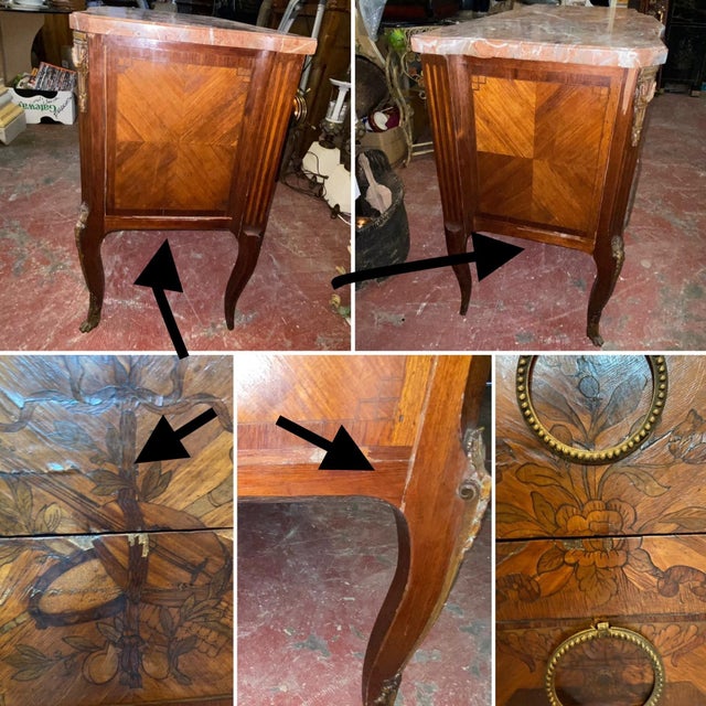 Antique French Louis XV - XVI Style Marble Top and Marquetry Inlaid Commode For Sale In Savannah - Image 6 of 13