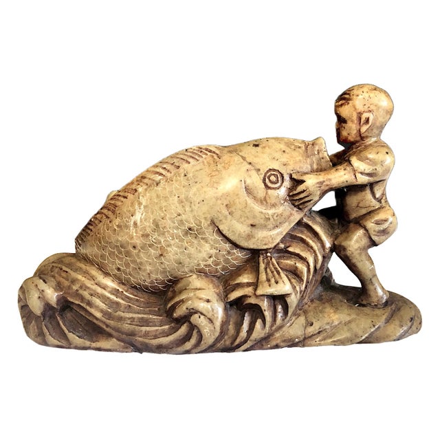 Chinese Chinese Stone “Abundance” Sculpture of Young Boy & Carp For Sale - Image 3 of 7