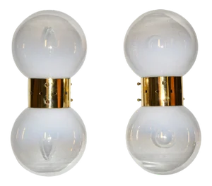 Vintage Brass and Two Light Blown Murano Glass Sconces Made in Italy