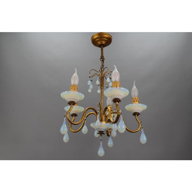 Italian Florentine Gilt Metal and White Opalescent Glass Five-Light Chandelier, 1970s For Sale - Image 17 of 18