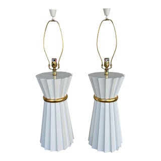 Currey & Co Cinched White Lacquer Lamps - Pair. For Sale