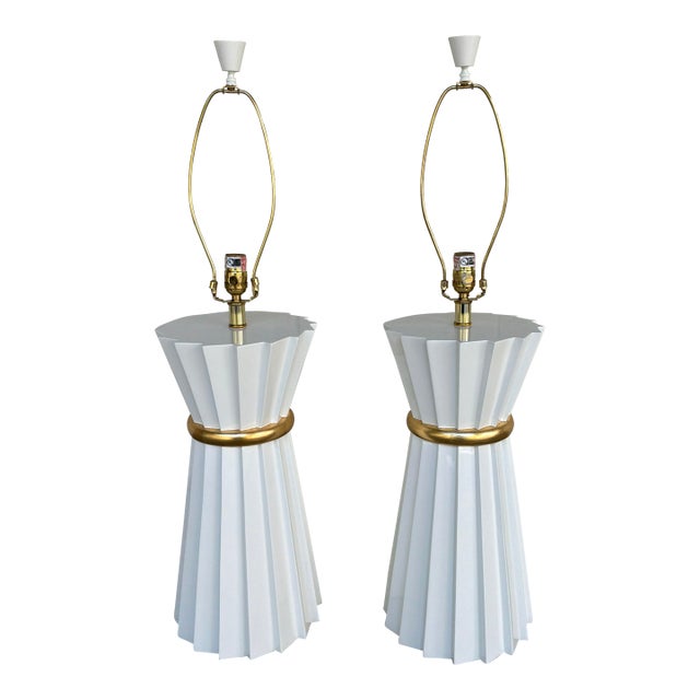 Currey & Co Cinched White Lacquer Lamps - Pair. For Sale
