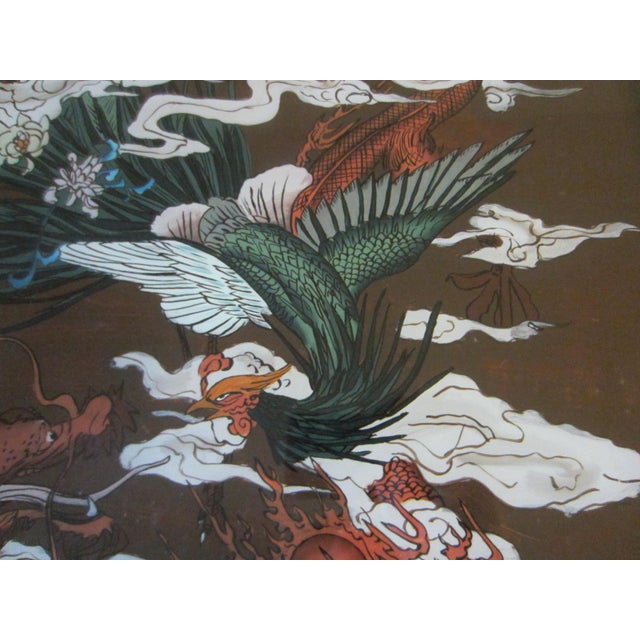1930s Chinese Dragon Painted Glass Colored Flowers White Clouds Brown Wood Frame Brass Hanging Hardware For Sale - Image 13 of 14