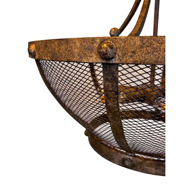 Brown Industrial Spanish Aged Iron Mesh Bowl Chandelier For Sale - Image 8 of 10