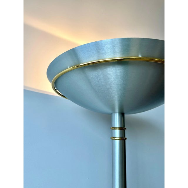 Vintage Postmodern Brushed Aluminum and Brass Torchiere Floor Lamp For Sale In Milwaukee - Image 6 of 12