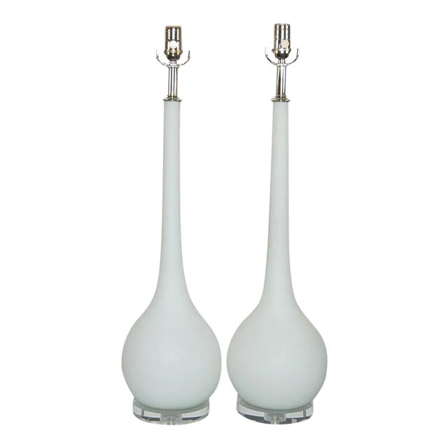 Vintage Murano Glass Long Neck Table Lamps in White Satin For Sale