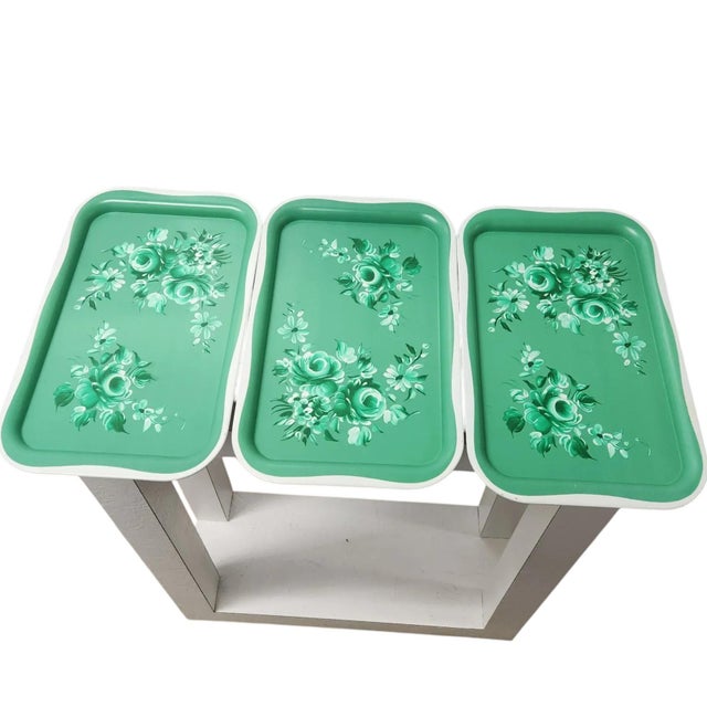 Vintage Green Floral Toleware Style Metal Snack Tray Set – Set of 8 For Sale - Image 4 of 9