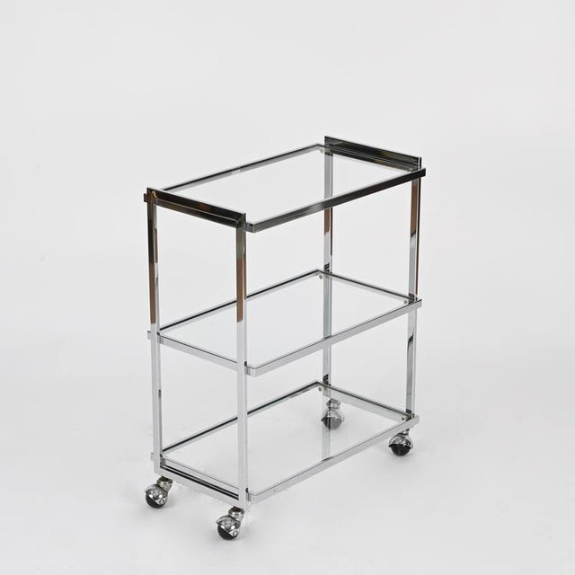 Vintage Rectangular Serving Bar Cart in Chrome and Crystal by Milo Baughman, 1970s For Sale - Image 11 of 12