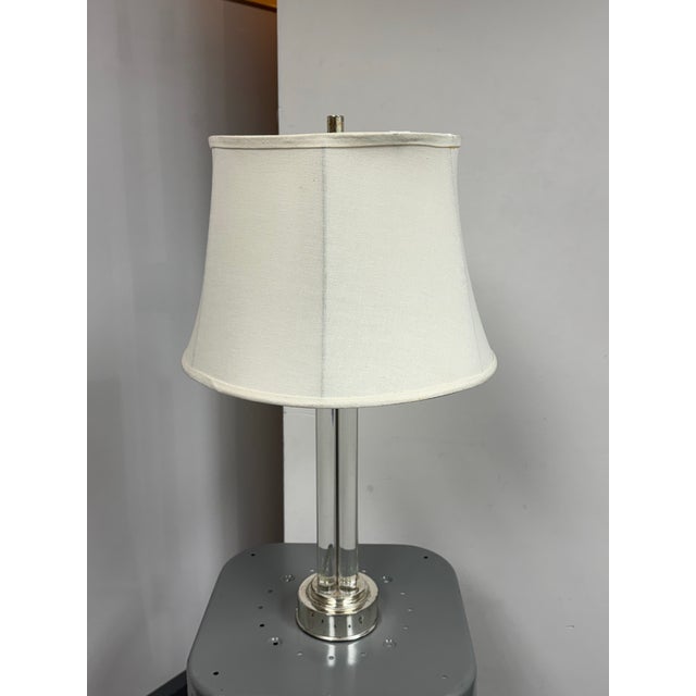 Design Plus Gallery presents a Glass Column Table Lamp from Restoration Hardware. The lamp is polished silver-tone metal...
