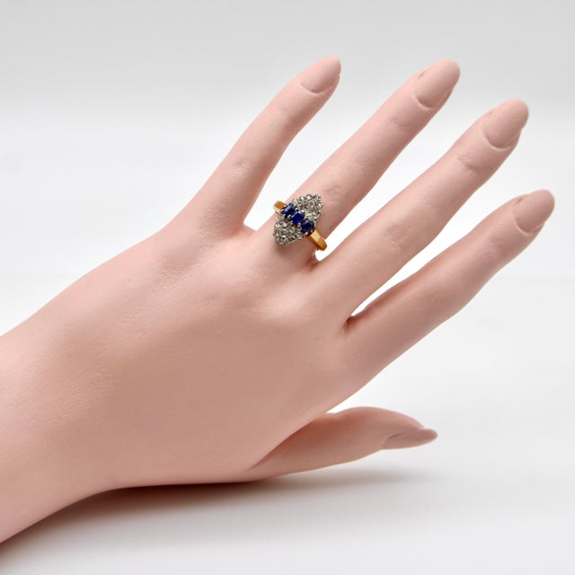 Gold Late 19th Century Victorian 18k Gold Rose Cut Diamond and Sapphire Navette Ring, Size 6.5 For Sale - Image 8 of 8