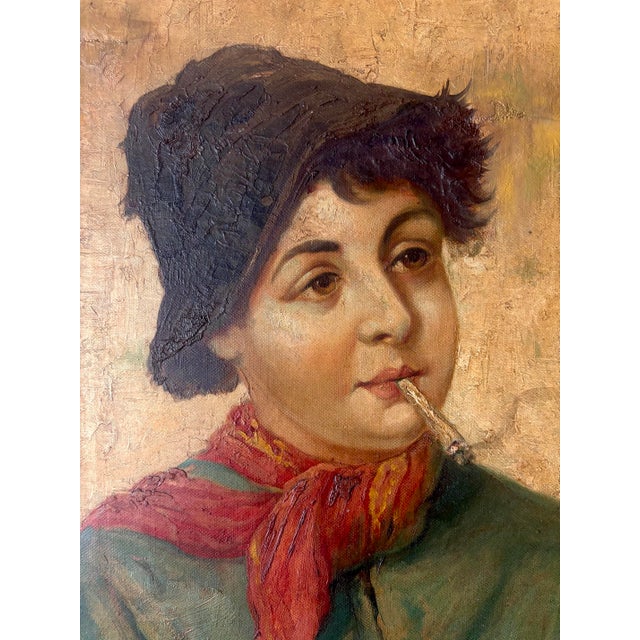 Art Nouveau Antique Italian School Oil Portrait of Smoking Boy, Signed, 19th C For Sale - Image 3 of 8