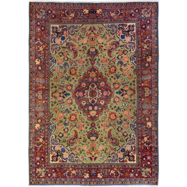 Textile 1920s Antique Persian Kashan Handmade Allover Floral Green Wool Rug For Sale - Image 7 of 7