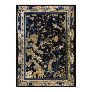 1920s Antique Navy Blue Deco Classical Chinese Garden Scene Peking Room Size Rug For Sale