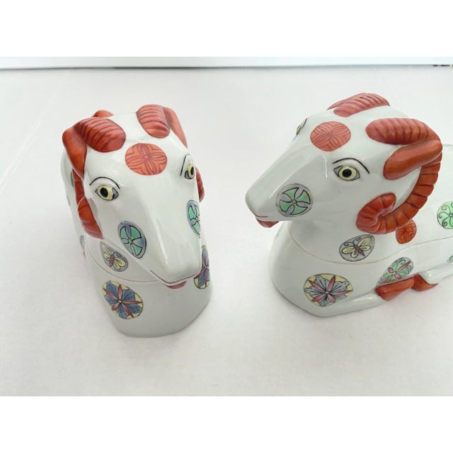 Ceramic 1930s Early Mid-Century Porcelain Staffordshire Style Asian Ram Box Figurines - a Pair For Sale - Image 7 of 13
