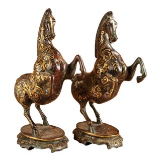 Pair of Vintage Bronze Galloping Horses – Gold Inlaid Figures on Stands For Sale