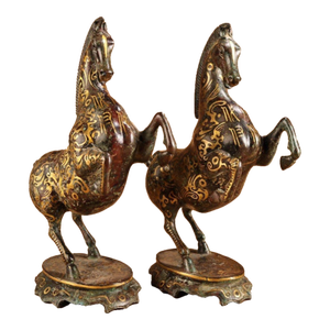 Pair of Vintage Bronze Galloping Horses – Gold Inlaid Figures on Stands