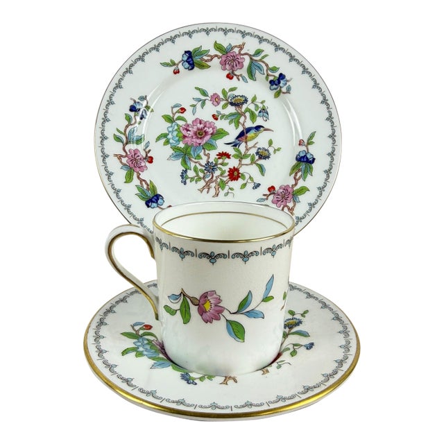 Vintage Aynsley Pembroke Fine English Bone China Demitasse Cup, Saucer & Side Plate Trio For Sale