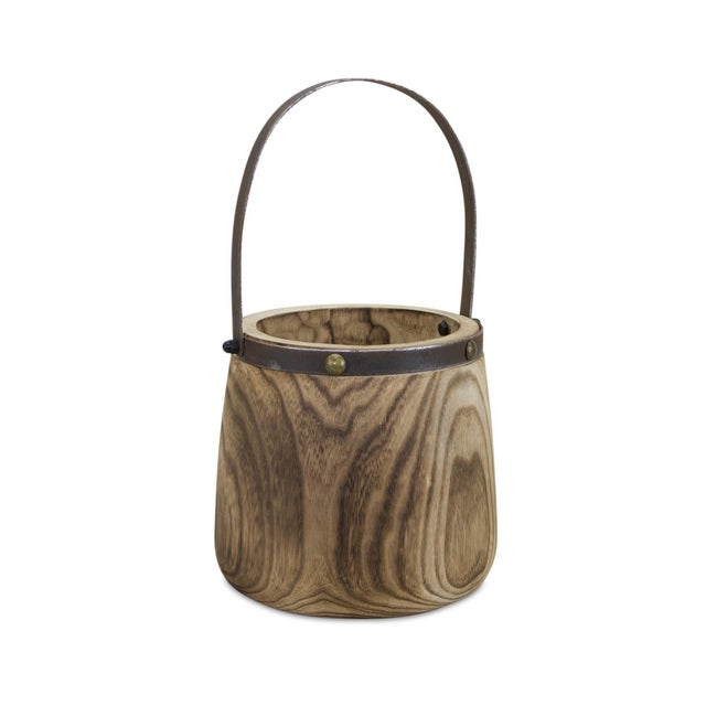 Kenneth Ludwig Chicago Natural Wooden Pail Planter with Metal Handle Accent (Set of 2) For Sale - Image 4 of 5