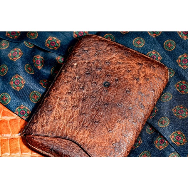 Exotic Ostrich Leather Antique Cigar Case Holder Luxury Art Deco 14k Gold For Sale - Image 11 of 11