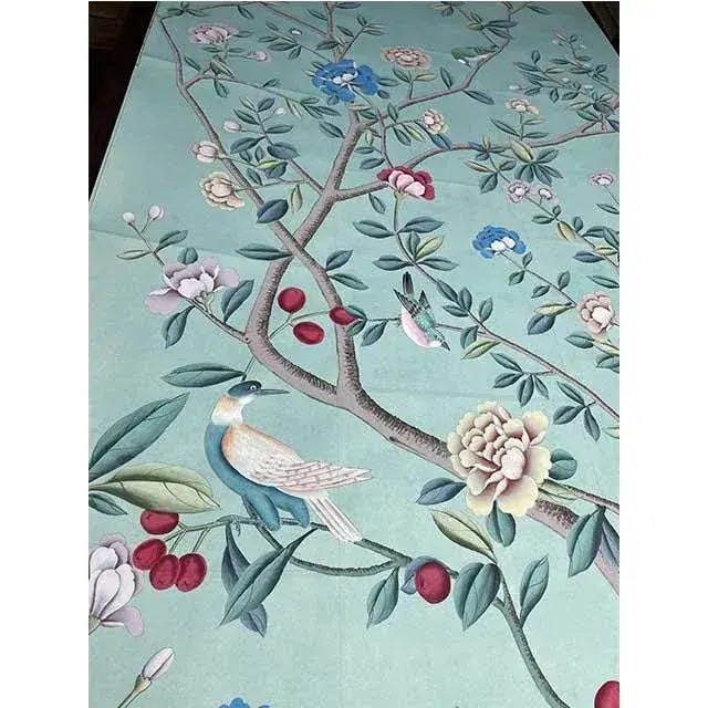 Chinoiserie Murals Hand Painted Wallpapers on Blue Tea Paper - 3 Panels For Sale - Image 4 of 5