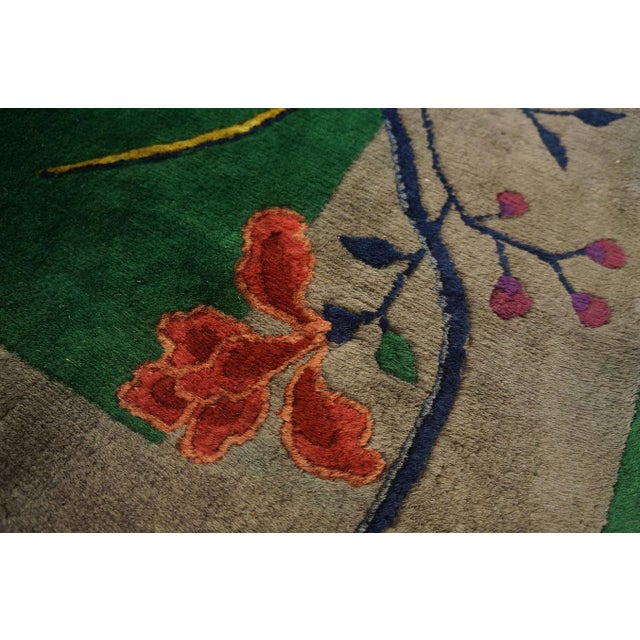 Textile Outstanding Green Open Field Wiht Gray Border in a Floral Pattern Antique Chinese Art Deco Rug For Sale - Image 7 of 11