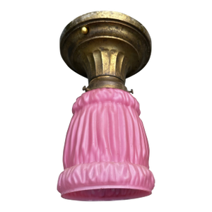 Vintage Brass Semi- Flush Ceiling Fixture With Vintage Pink Linen Fold Shade